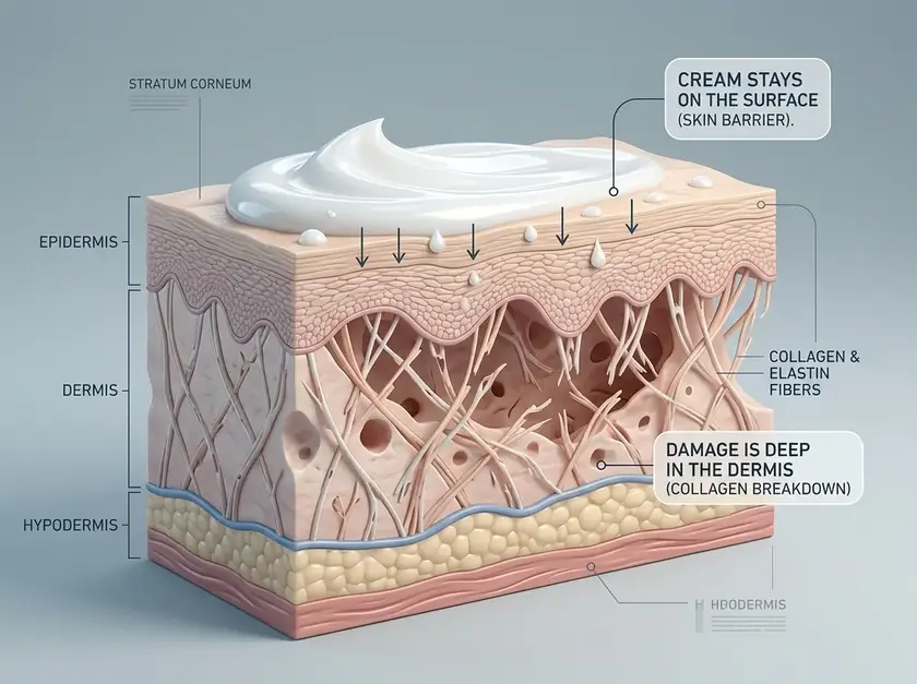Cross-section of skin: cream sits on the surface while damage is deep in the dermis