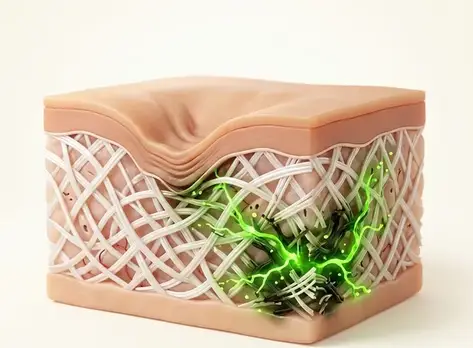 Skin cross-section showing collagen breakdown