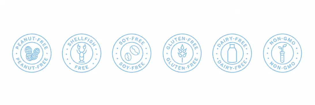 Peanut-free, shellfish-free, soy-free, gluten-free, dairy-free, non-GMO
