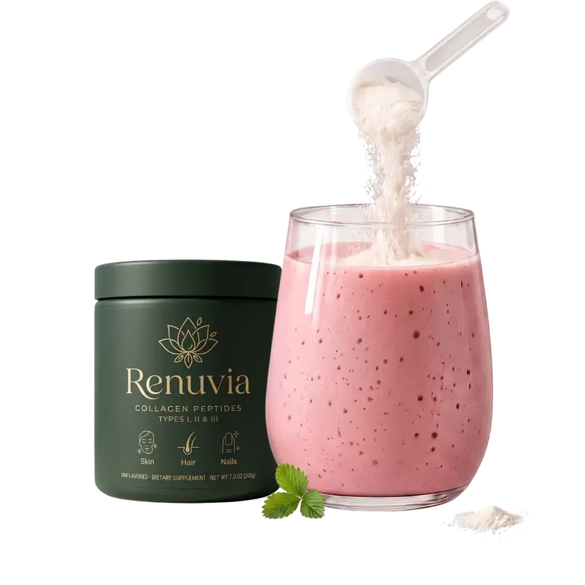 Renuvia jar with a scoop of collagen peptides being poured into a smoothie