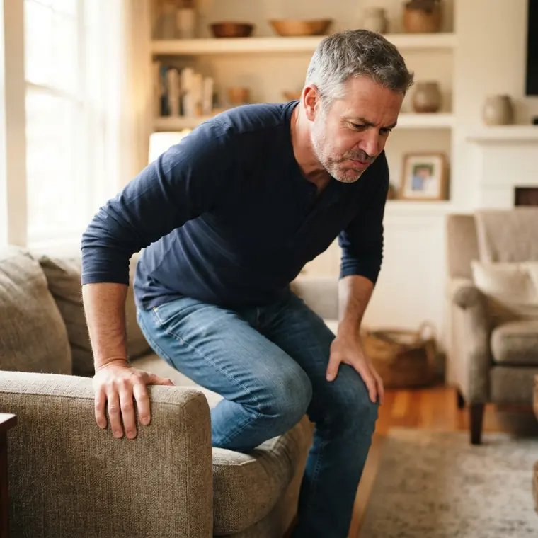 A man in his fifties pushing himself up out of a low sofa, one hand braced on his knee