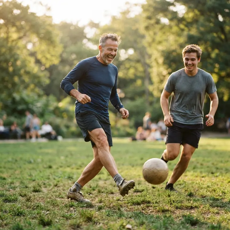 An energetic man in his late fifties playing soccer in a park, completely at ease in his body