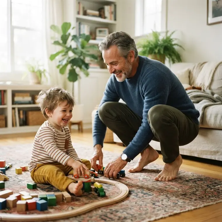 A man in his fifties crouched easily on the floor playing with his grandson