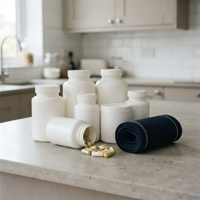 A counter crowded with generic unbranded supplement bottles and a rolled knee sleeve