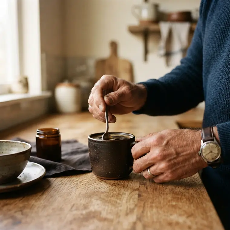 A man’s hands stirring a spoon into a mug of coffee on a kitchen counter