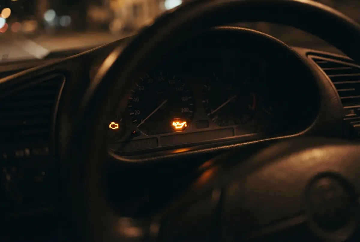An amber oil warning light glowing on a dashboard at night