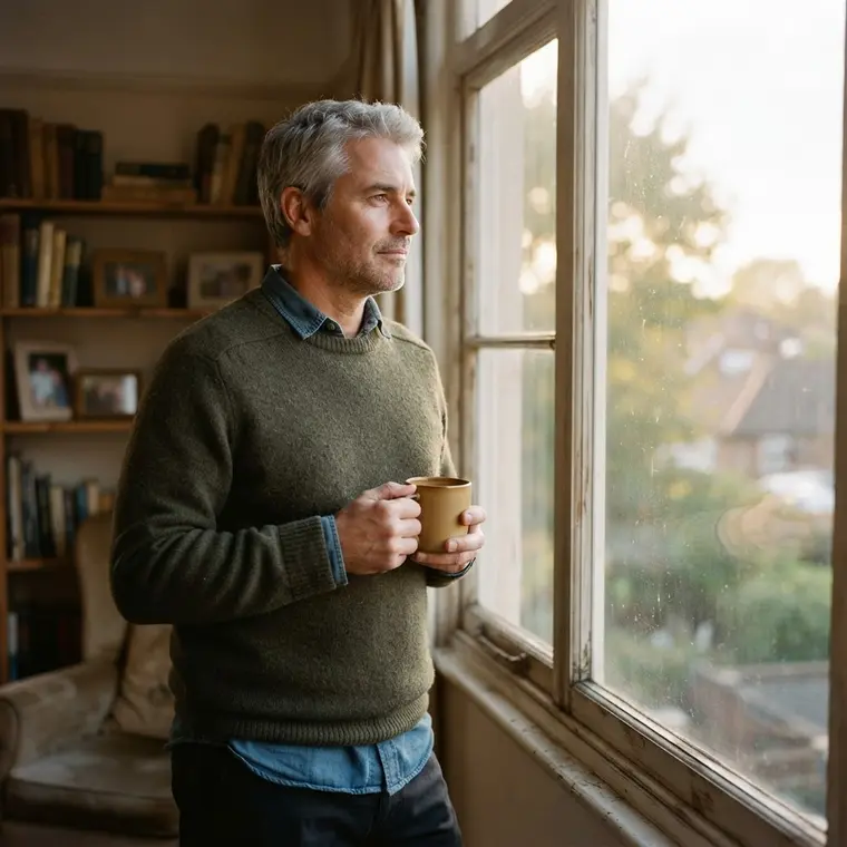 A man in his fifties at a window, taking stock of the years that passed