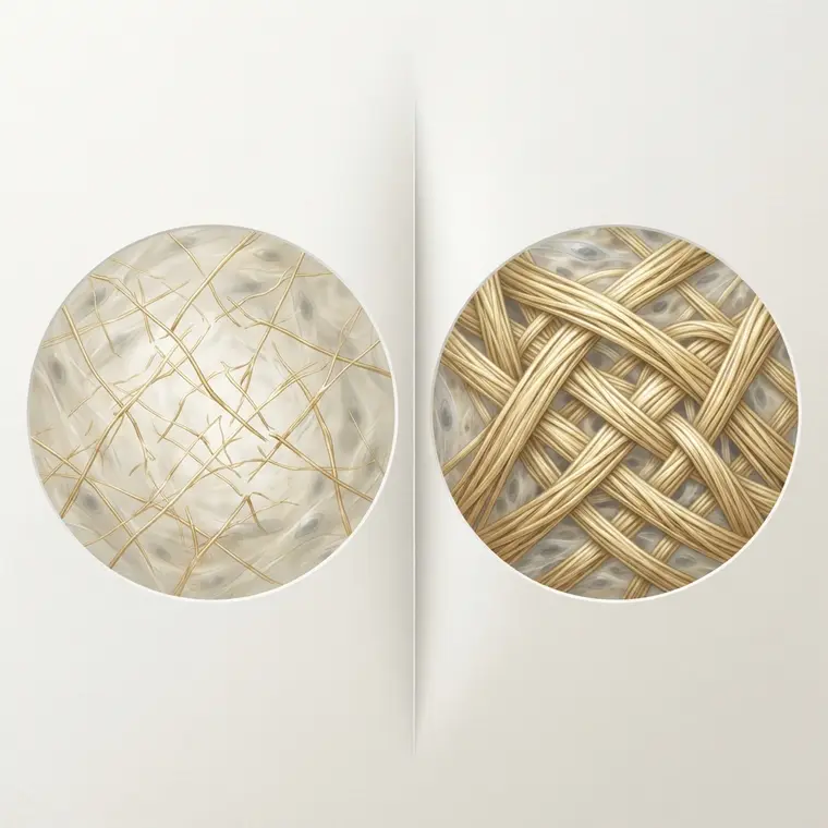 The same collagen lattice: thinned and broken on one side, dense on the other